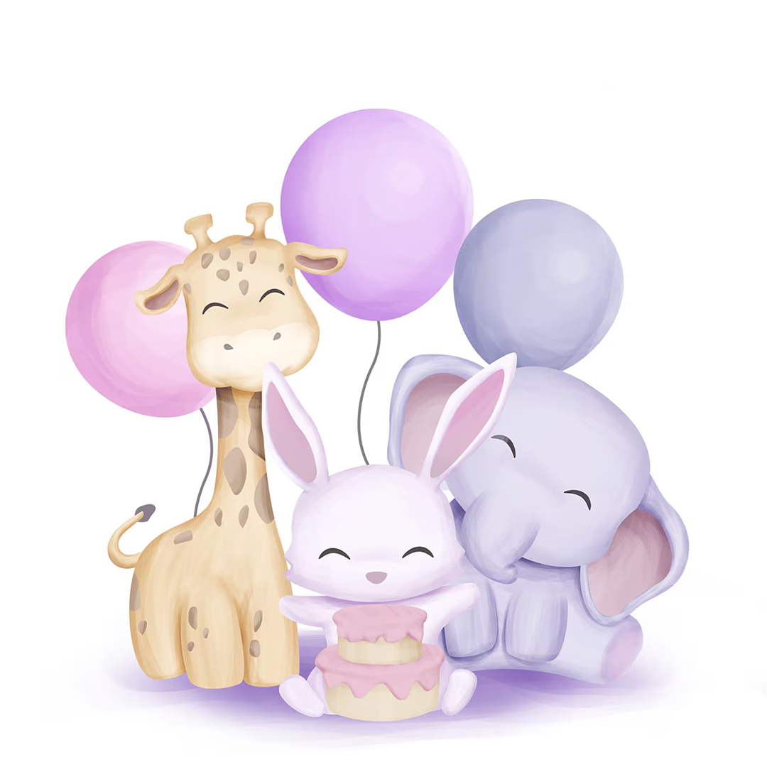 a cute illustration of a giraffe, bunny, and elephant with balloons