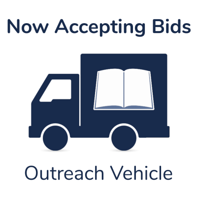 illustration of a library vehicle with the words "Now Accepting Bids" at the top and "Outreach Vehicle" at the bottom