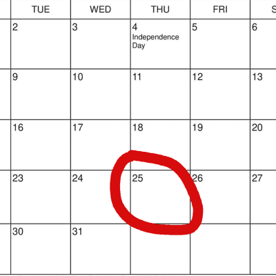 July 2024 calendar with the 25th circled in red