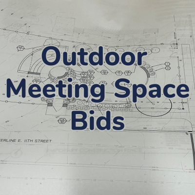 Blueprints of an outdoor pace with the words "Outdoor Meeting Space Bids" over the top
