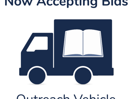 illustration of a library vehicle with the words "Now Accepting Bids" at the top and "Outreach Vehicle" at the bottom