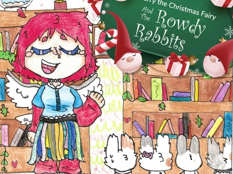 Cover of the Merry the Christmas Fairy and the Rowdy Rabbits which features an illustration of Merry in her library talking to four bunnies