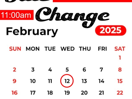 February 2025 calendar with Wednesday, February 12, circled in red. Text reads: Date Change. Marshall County Public Library Board of Trustees. 11:00 a.m.