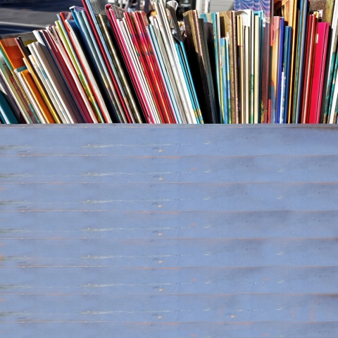 books in a blue bin