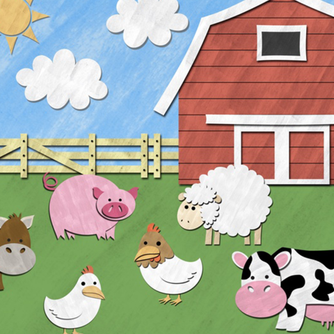 illustration of a barn with a pig, cow, sheep, and two chickens in the field