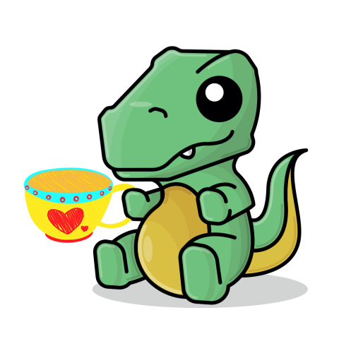 a little cartoon t-rex holding a tea yellow cup