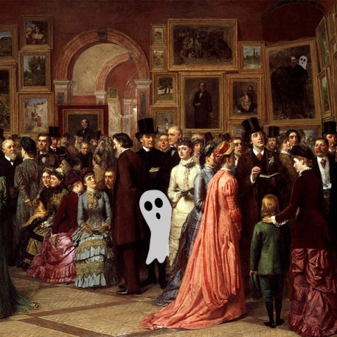 Victorian painting of people gathered in an art gallery with a ghost peeking out from behind someone