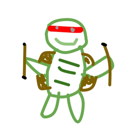 a child's drawing of a turtle with nunchucks