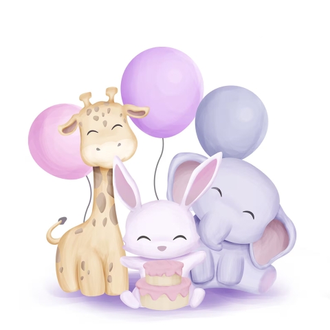 a cute illustration of a giraffe, bunny, and elephant with balloons