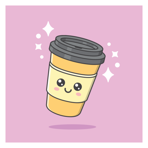 illustration of a smiling to-go coffee cup on a pink background
