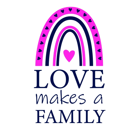Pink and blue heart over the words "love makes a family"