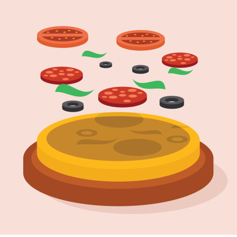 illustration of pizza toppings falling onto a crust