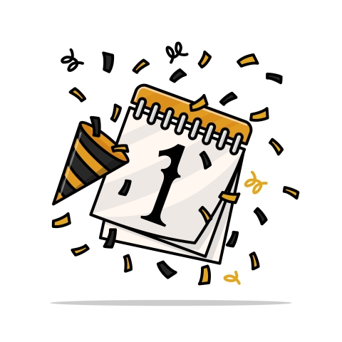 illustration of a calendar turned to the number one beside a party horn with confetti