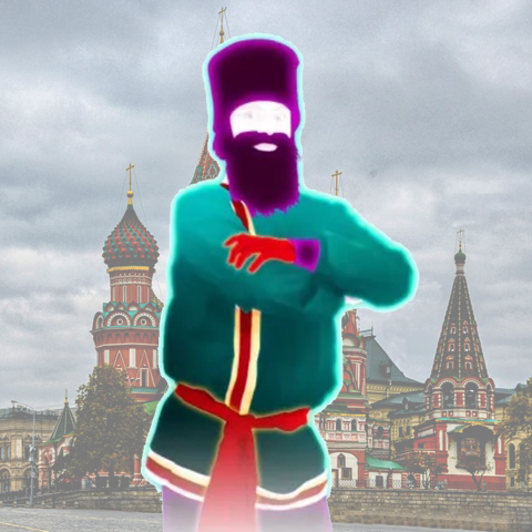 the Russian dancer from Just Dance in front of Saint Basil's Cathedral