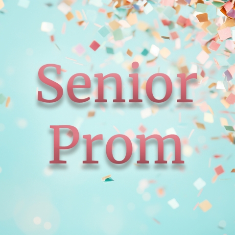 Blue confetti background with "Senior Prom"