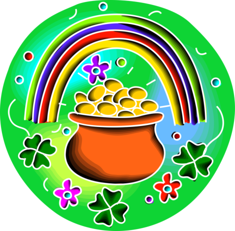 illustration of a pot of gold with a rainbow and shamrocks