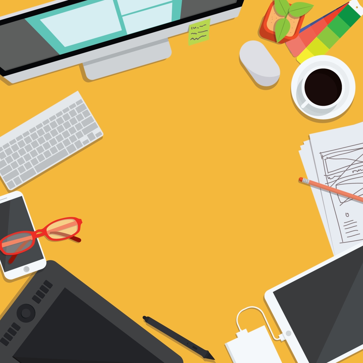 yellow background with illustrations of office supplies, a cup of coffee and computer screen